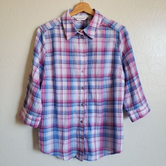 Allison Daley Plaid Crinkle Button Up Blouse Top Purple/Blue Sz Womens 10 Petite - Picture 1 of 11